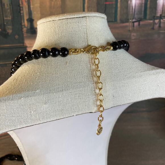 0088 Y2K Talbot's Black Onyx Glass & Enamel Bead Art-Deco Style Necklace EUC - Picture 3 of 7